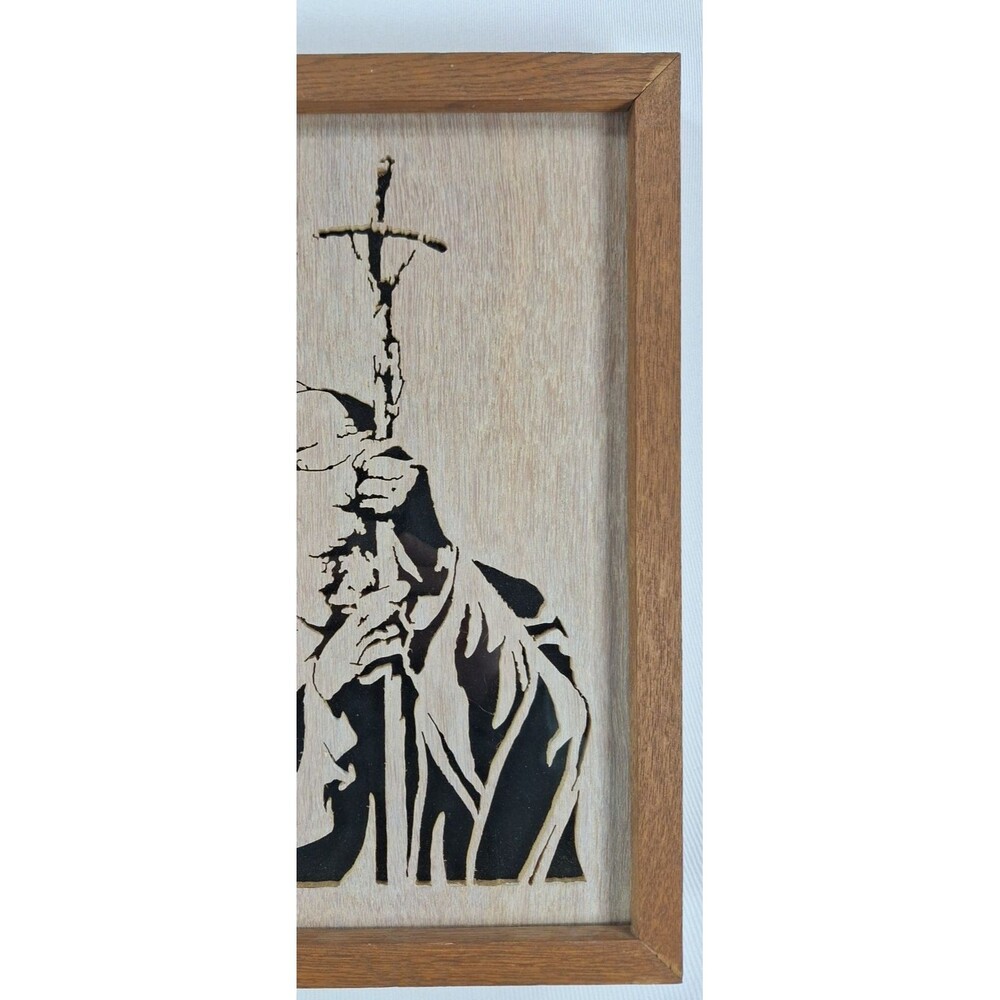 Vintage Pope John Paul II Wood Scroll Saw Art Framed Religious Catholic Picture - Picture 3 of 10